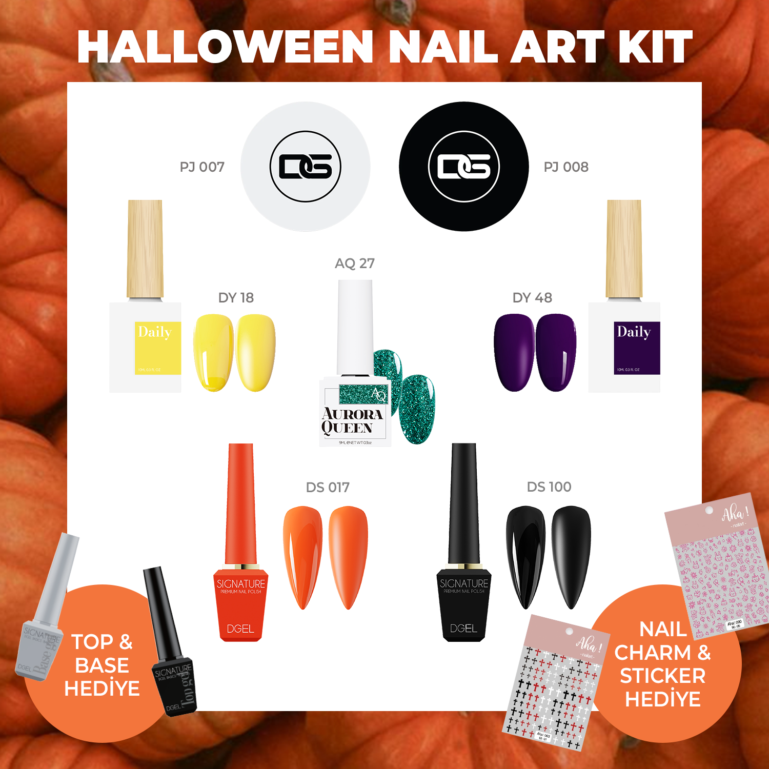 Halloween Nail Art Kit – Kore Jel Oje, Painting Gel, Sticker & Charm Seti